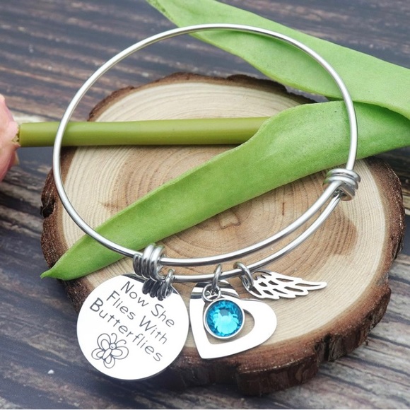 Now She Flies With Butterflies Bracelet Bangle Loss of Loved One Gift - Picture 3 of 5
